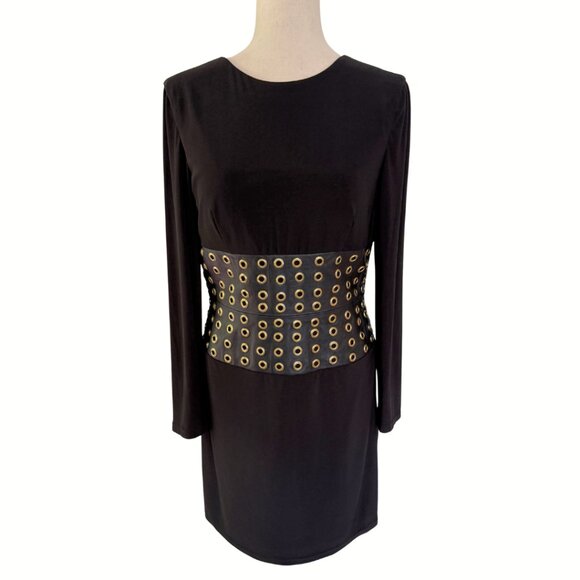 Jovani Faux Leather Long Sleeve Low Back Black Dress Size 10 Cocktail Mini Sexy - Picture 3 of 12